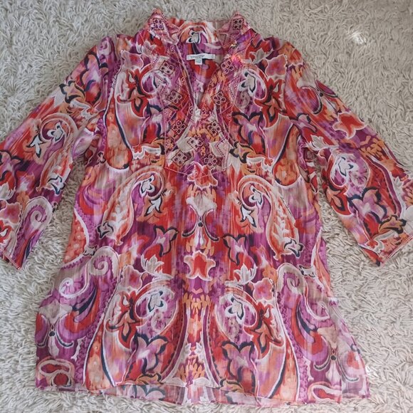 Chico’s Women’s 0 (US 4) Beaded Embellished Boho Tunic Top Paisley Multicolor - Picture 1 of 8